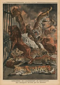 De brand op de Wereldtentoonstelling van Brussel, een menagerie wordt verteerd door de vlammen, illustratie uit 